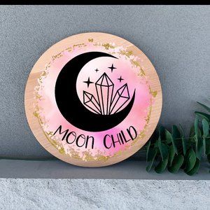 Bohemian Moon Child 12" Thin Birch Wood Round Handmade Wall Art